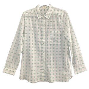 JOHNNY COTTON Women Long Sleeve Shirt Embroidered Sz L White Green Casual 5-19